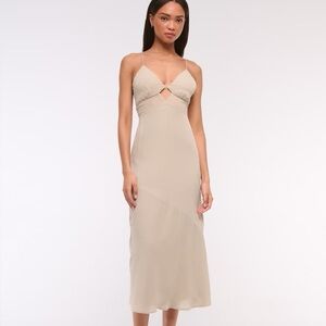 Abercrombie & Fitch Taupe Sheer Panel Tie Back Midi Dress